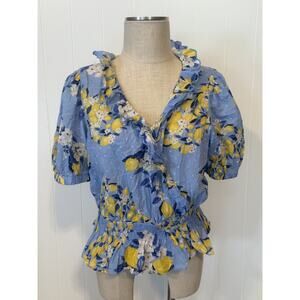 LOFT Blouse Womens Medium Blue Yellow Lemon Floral Ruffle Wrap Peplum Top Summer